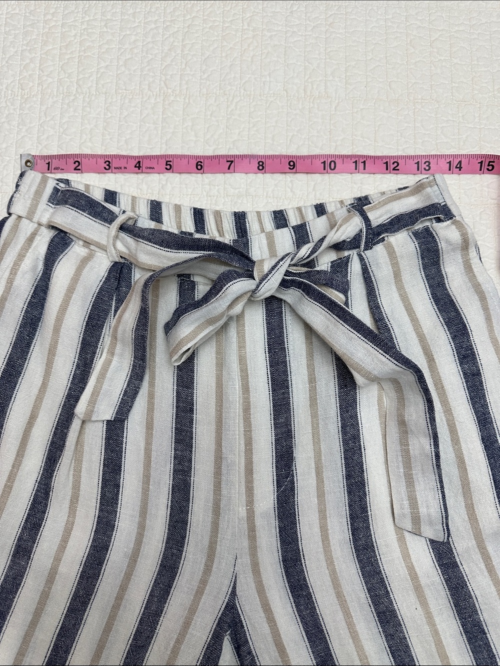 Love Tree Medium Linen Blend Stripe Cropped 25” Pants Tie Waist White Blue - Picture 3 of 4